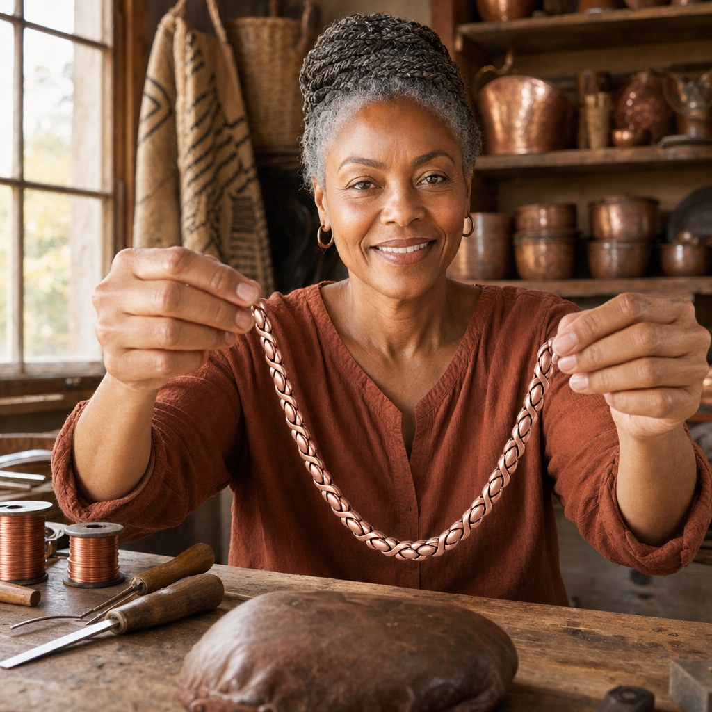 Our founder holding the Cedar Copper Necklace in her workshop