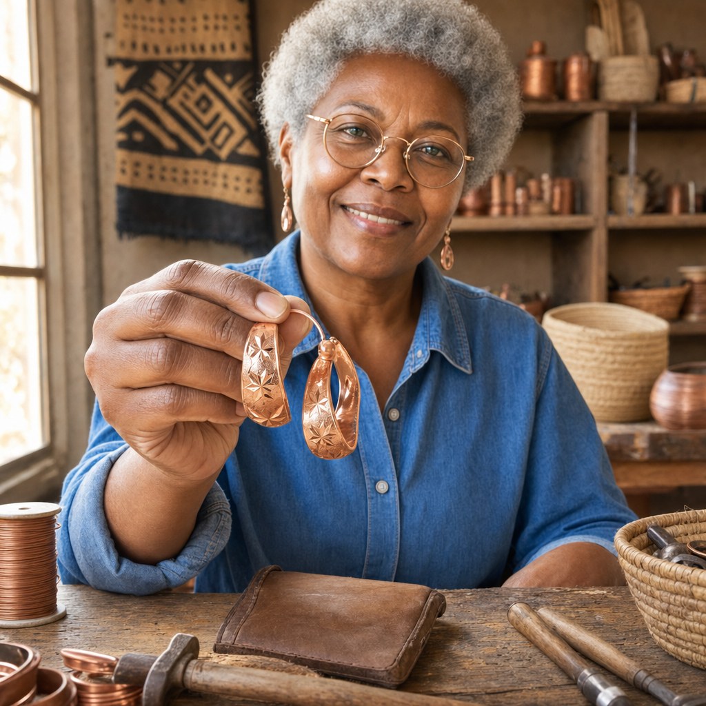 Our founder holding the Dew Copper Earrings in her workshop