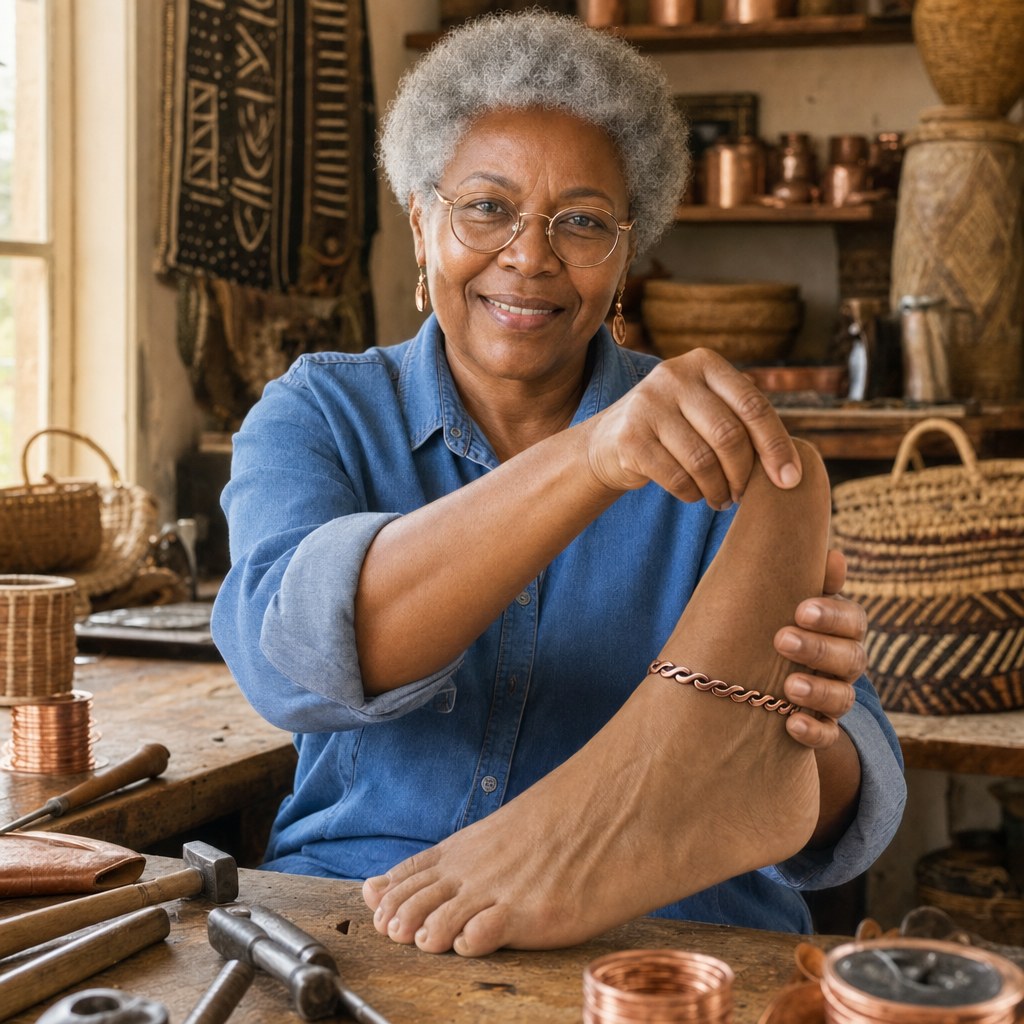 Our founder holding the Dune Copper Anklet in her workshop