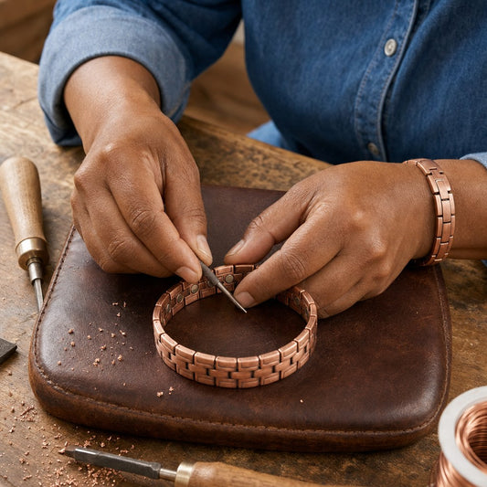 Our founder finishing the Gorse Men's Copper Bracelet by hand