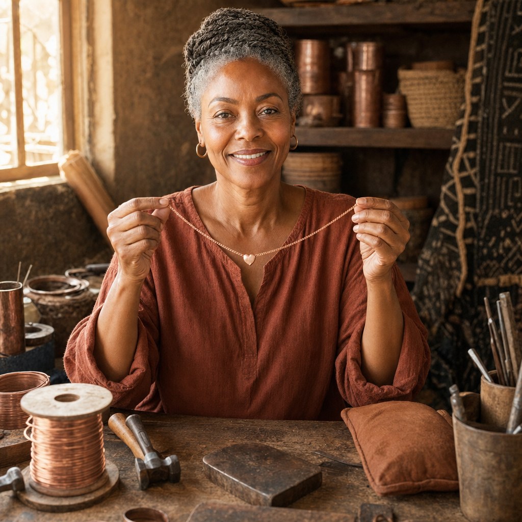 Our founder holding the Kern Copper Necklace in her workshop
