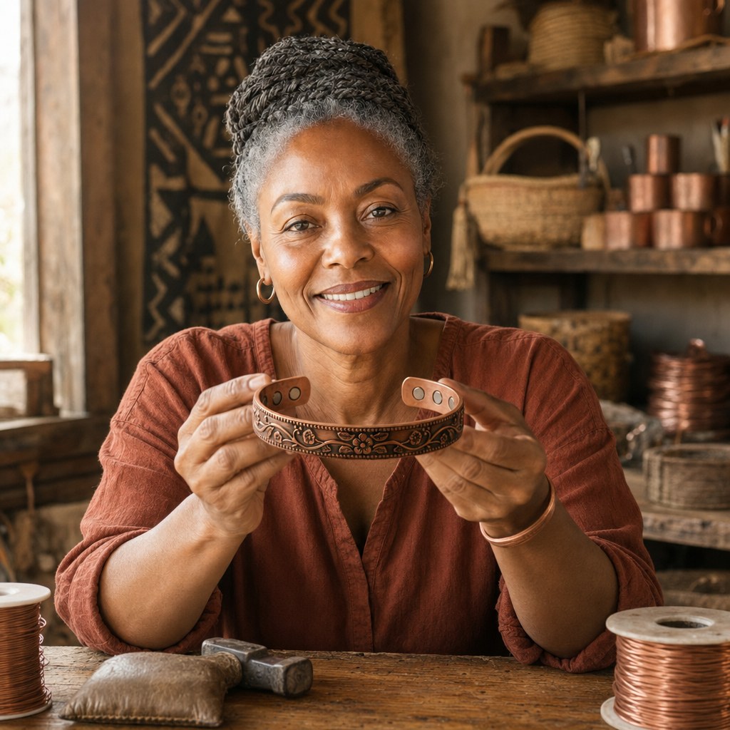 Our founder holding the Knell Copper Bracelet in her workshop