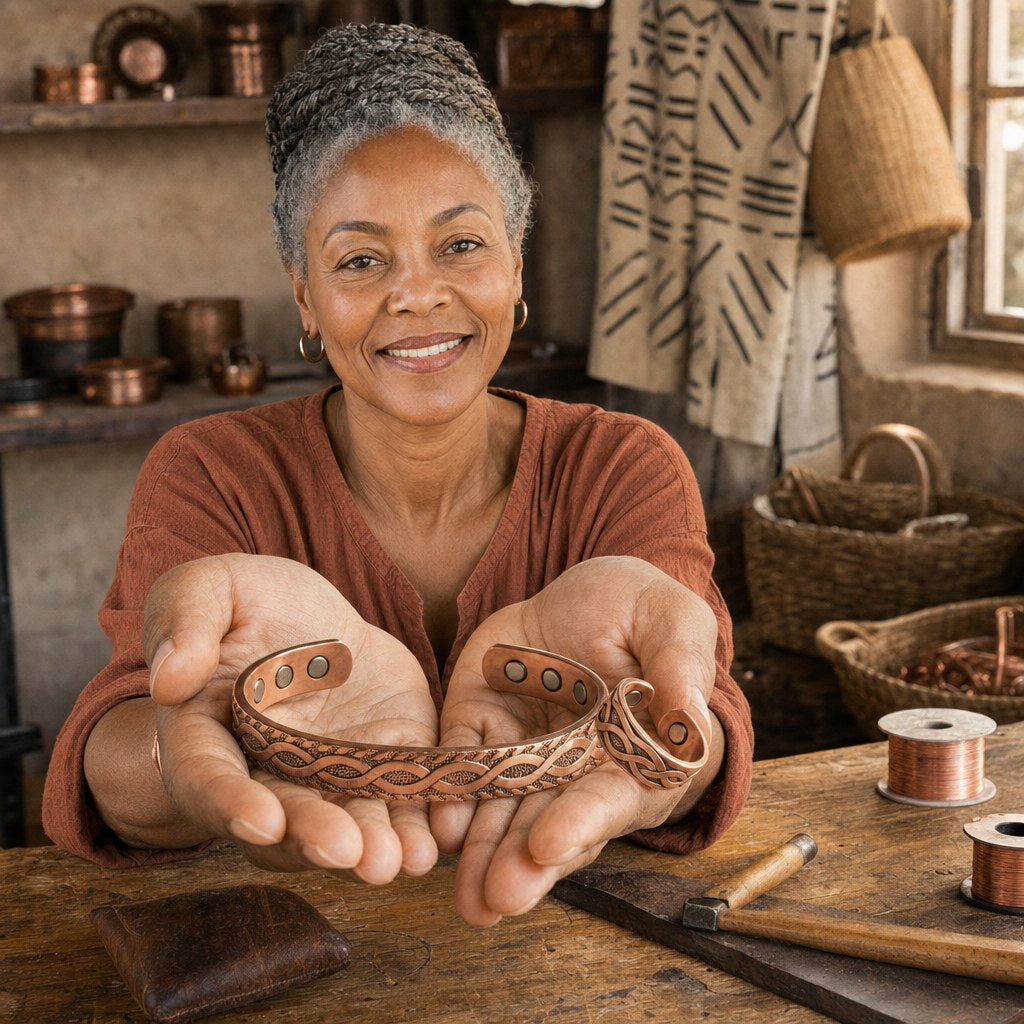 Our founder holding the Knot Copper Set in her workshop