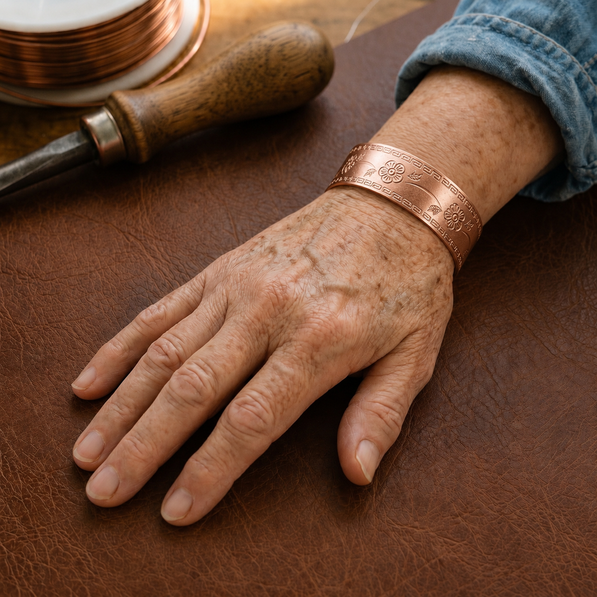 Fret Copper Bracelet worn on the wrist