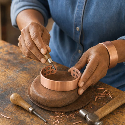 Our founder finishing the Anvil Copper Bracelet by hand