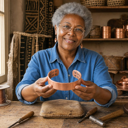 Our founder holding the Anvil Copper Bracelet in her workshop