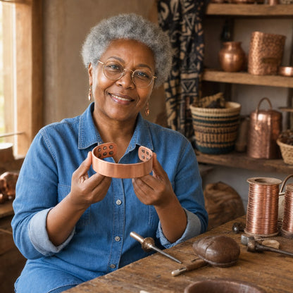 Our founder holding the Anvil Copper Bracelet in her workshop