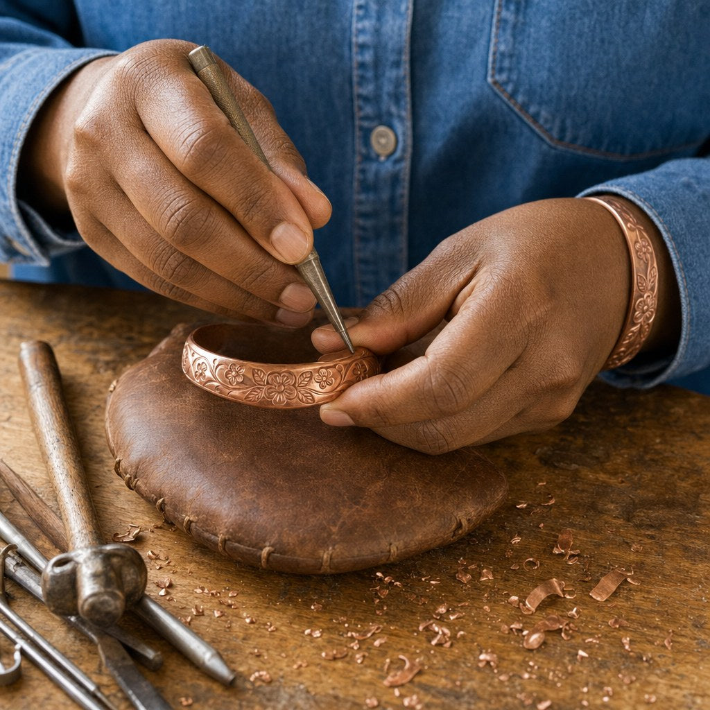 Our founder finishing the Bloom Copper Bracelet by hand