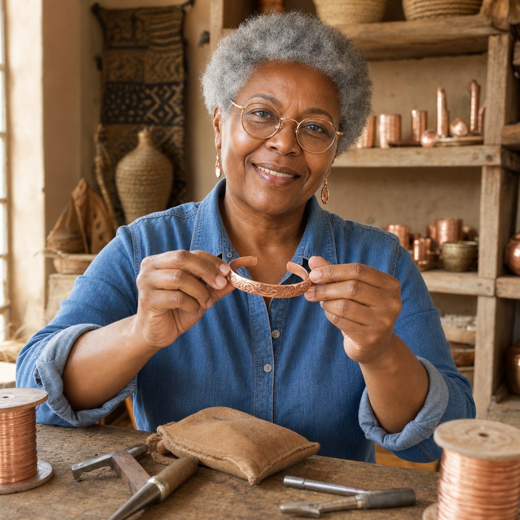 Our founder holding the Bloom Copper Bracelet in her workshop
