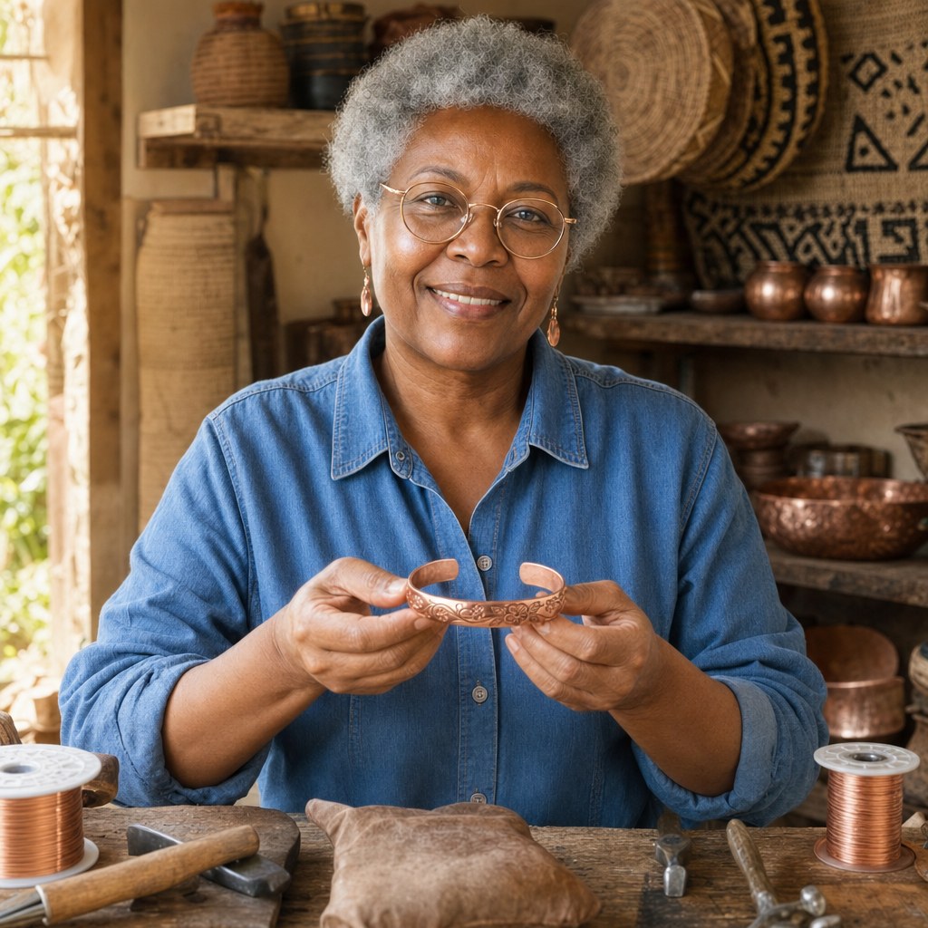 Our founder holding the Bloom Copper Bracelet in her workshop