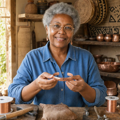 Our founder holding the Bloom Copper Bracelet in her workshop