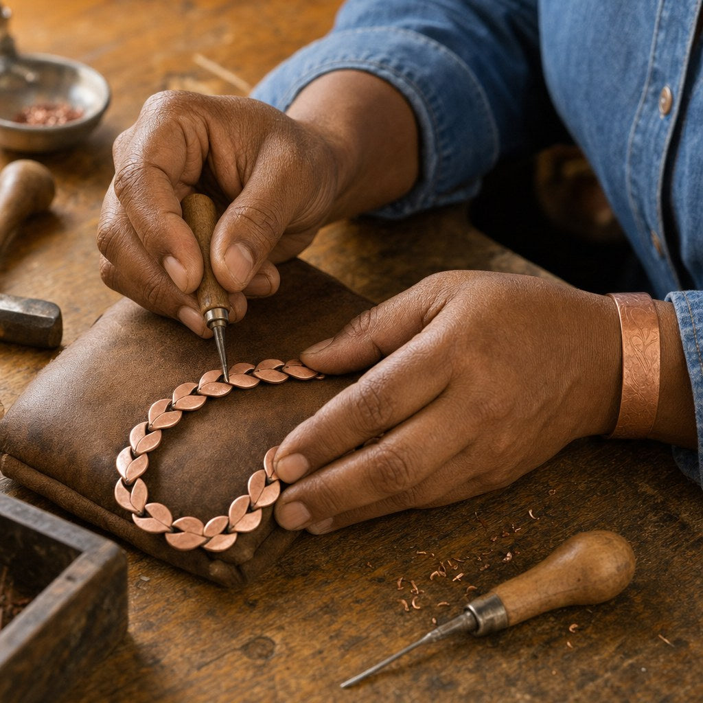 Our founder finishing the Briar Copper Necklace by hand