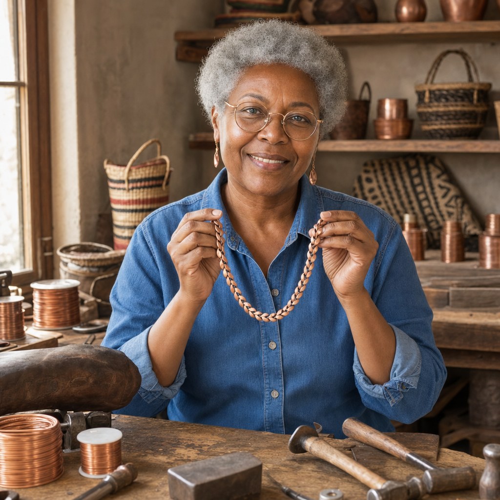 Our founder holding the Briar Copper Necklace in her workshop