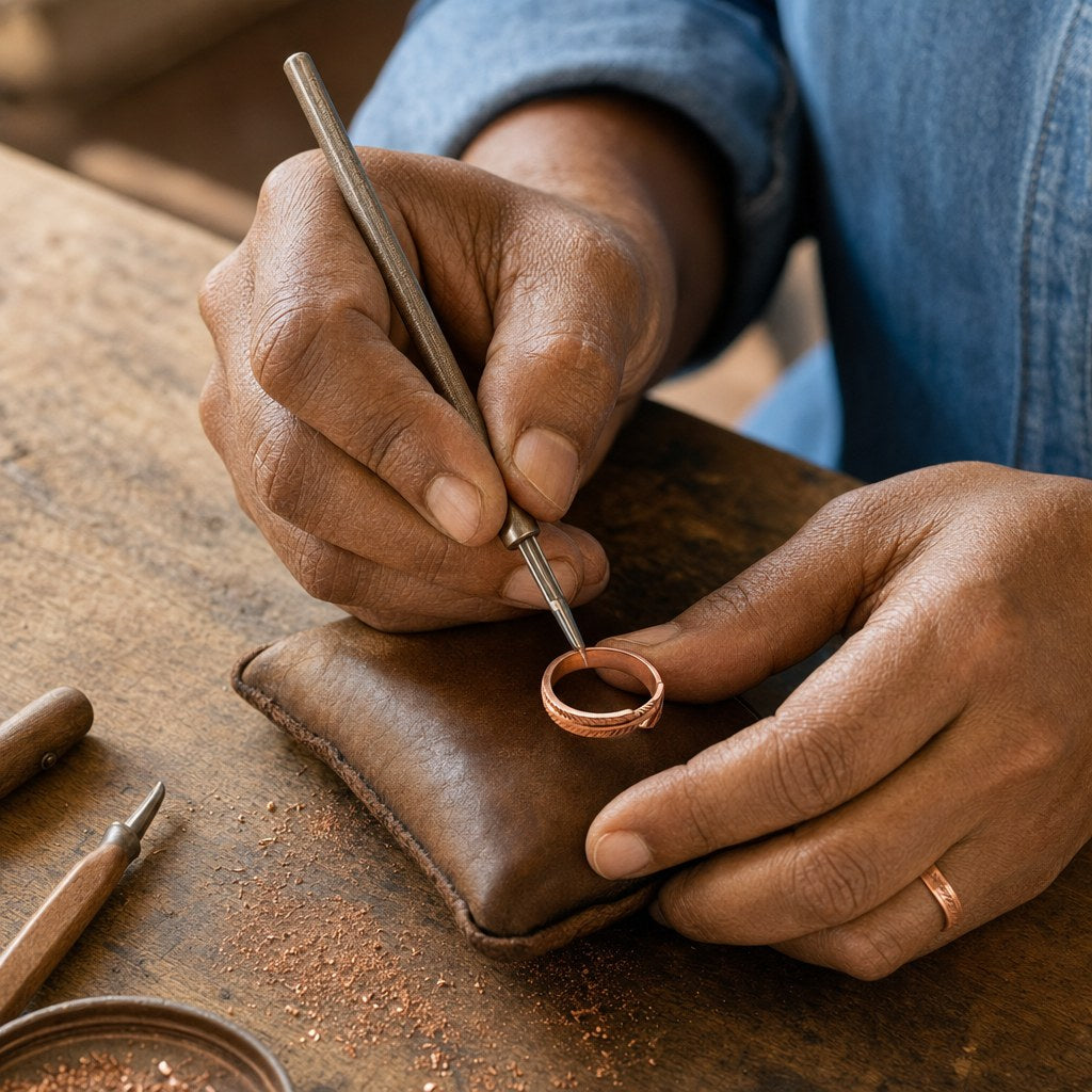 Our founder finishing the Root Copper Ring by hand