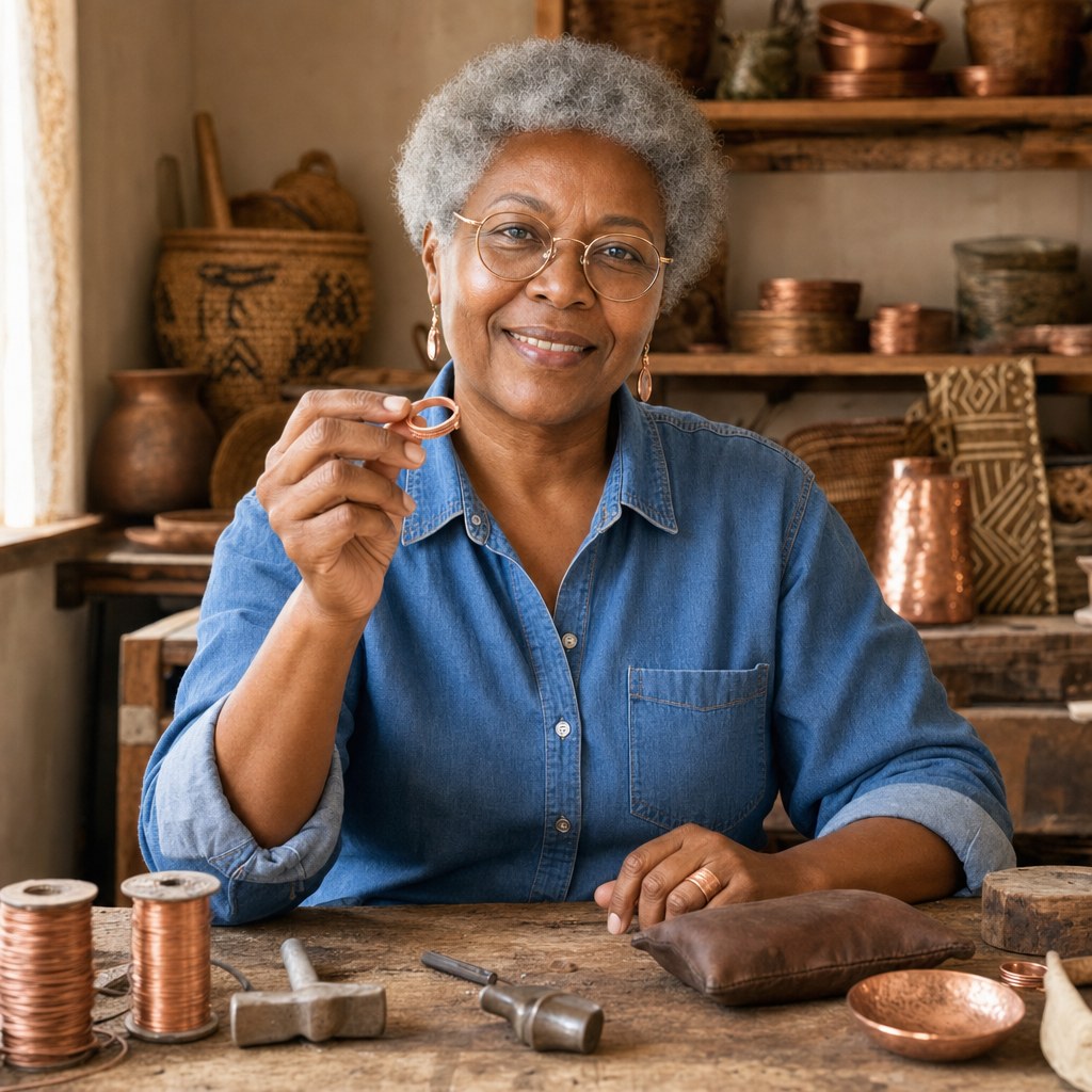 Our founder holding the Root Copper Ring in her workshop