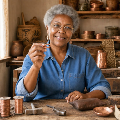 Our founder holding the Root Copper Ring in her workshop