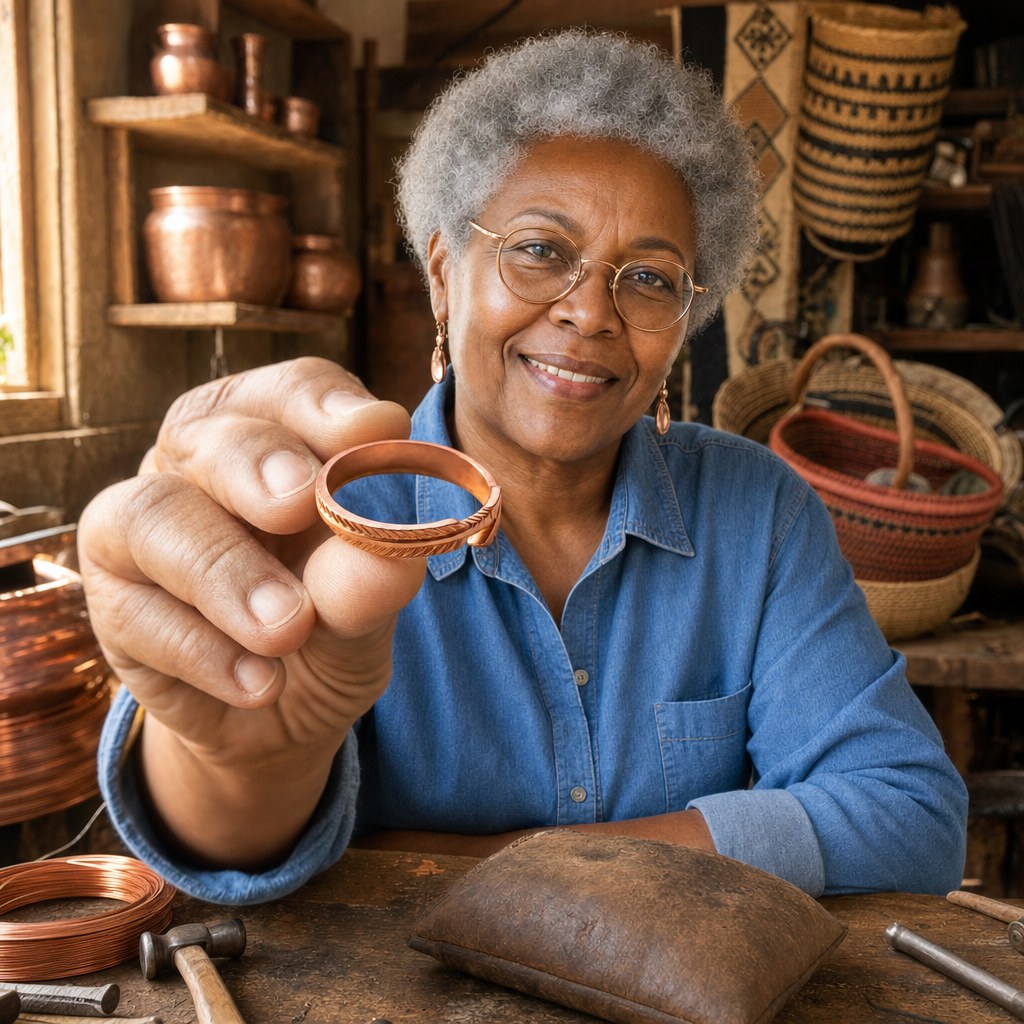 Our founder holding the Root Copper Ring in her workshop