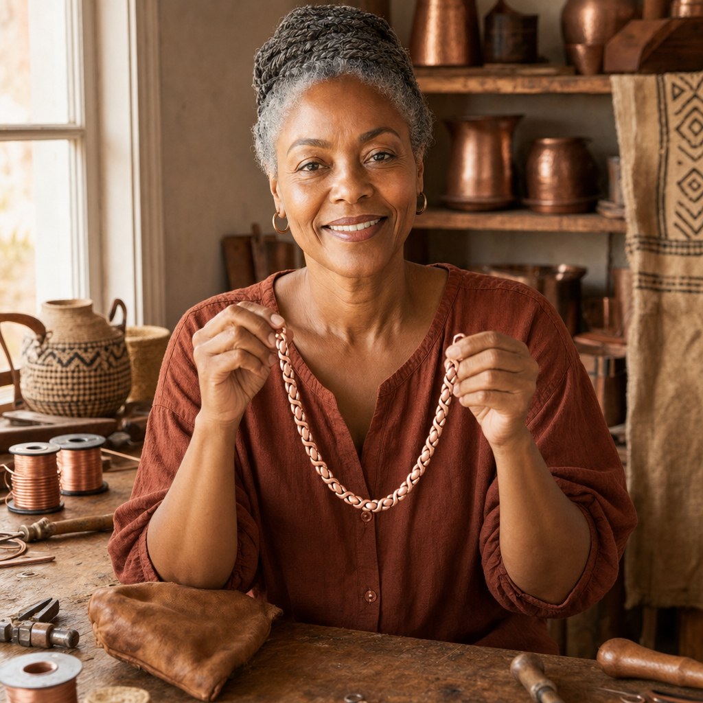 Our founder holding the Cedar Copper Necklace in her workshop