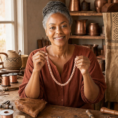 Our founder holding the Cedar Copper Necklace in her workshop