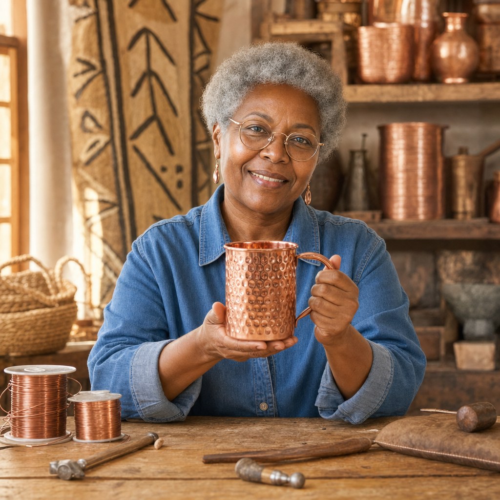 Our founder holding the Copper Mug 400ml in her workshop