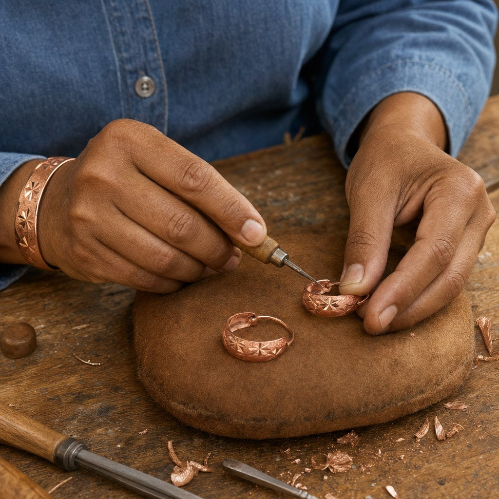 Our founder finishing the Dew Copper Earrings by hand