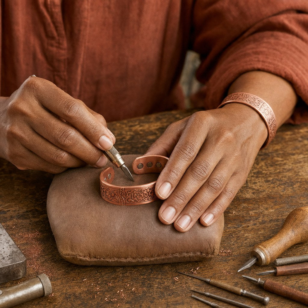 Our founder finishing the Drift Copper Bracelet by hand