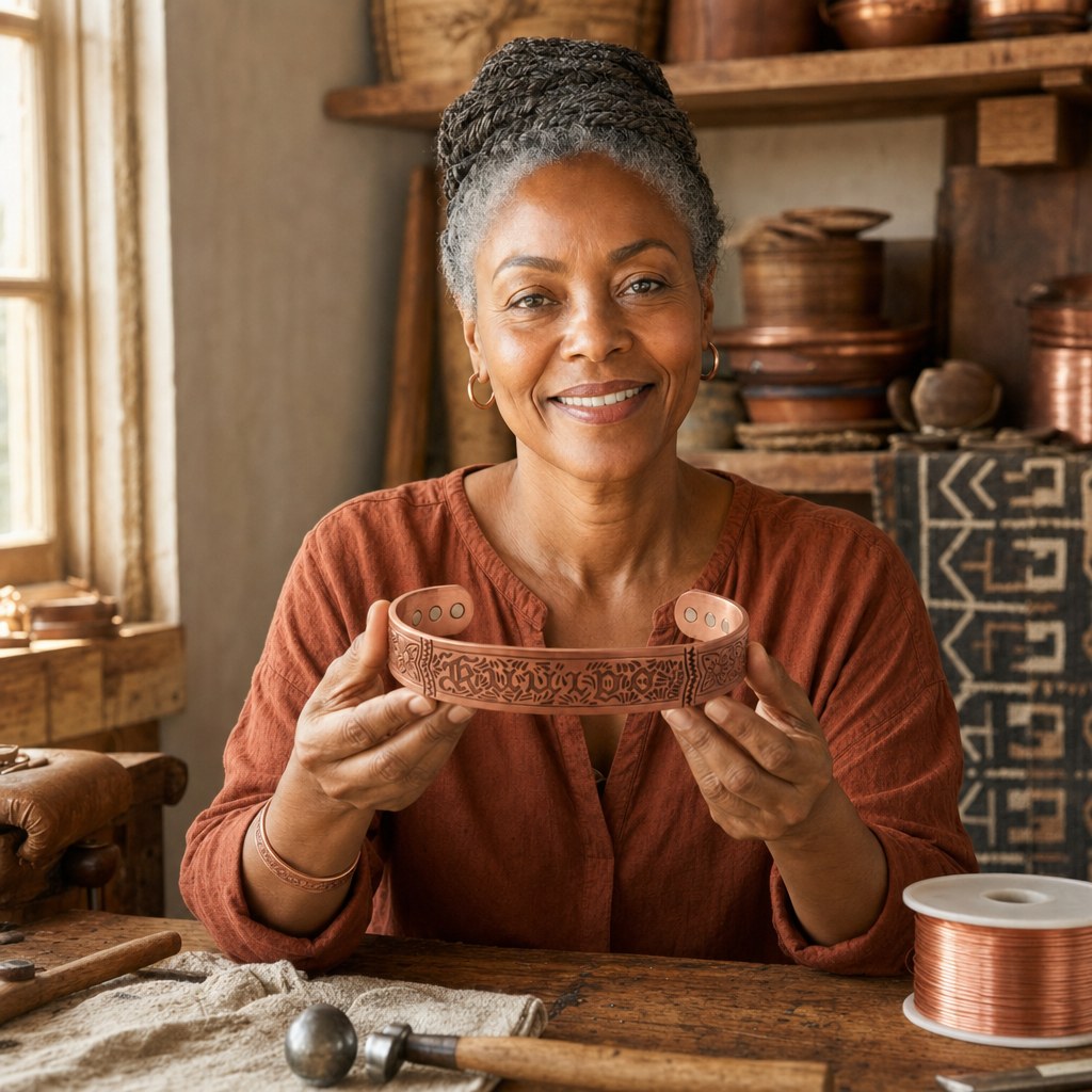 Our founder holding the Drift Copper Bracelet in her workshop