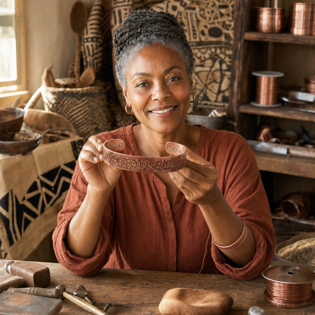Our founder holding the Drift Copper Bracelet in her workshop