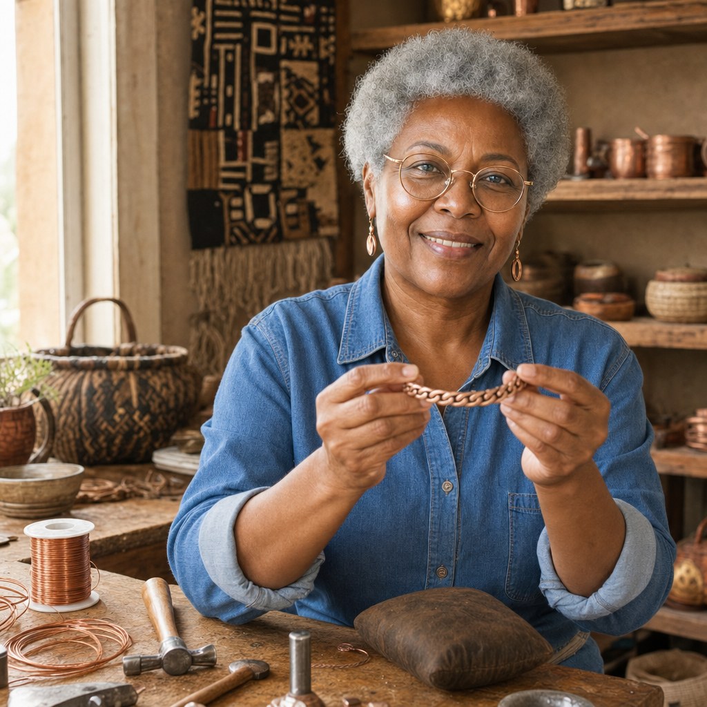 Our founder holding the Dune Copper Anklet in her workshop