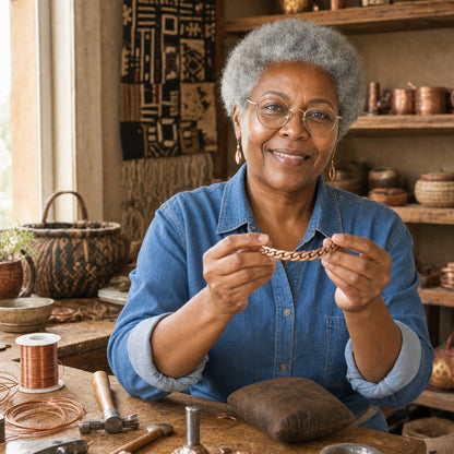 Our founder holding the Dune Copper Anklet in her workshop