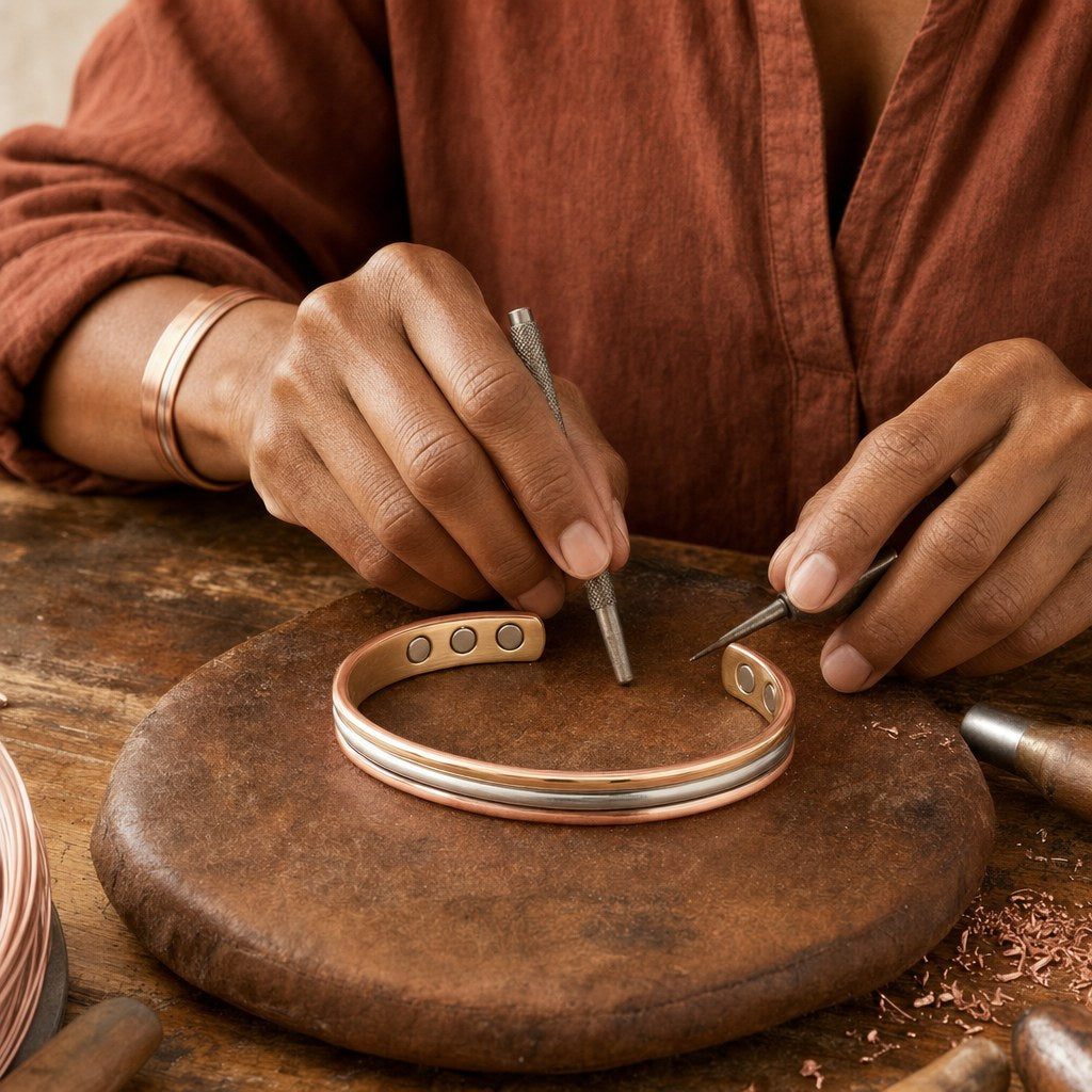 Our founder finishing the Fell Copper Bracelet by hand