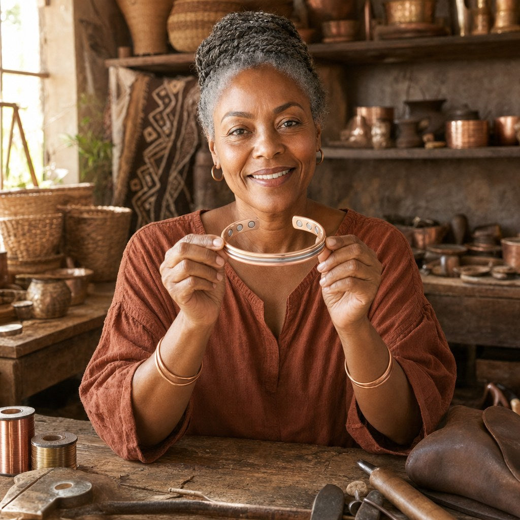 Our founder holding the Fell Copper Bracelet in her workshop