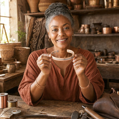 Our founder holding the Fell Copper Bracelet in her workshop