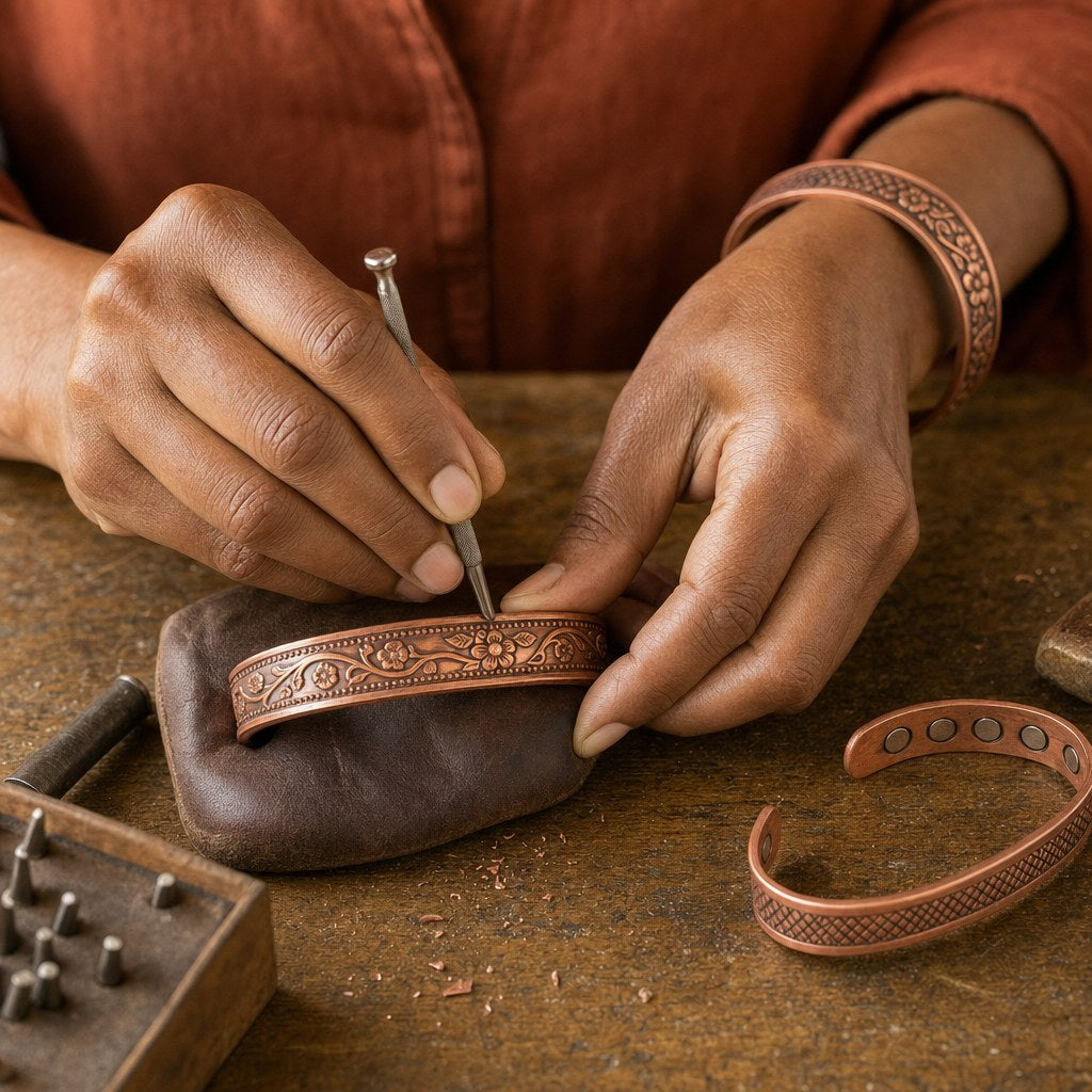 Nia engraving the Forge cuff by hand