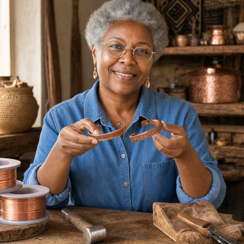 Amara holding the Forge Copper Set in her workshop