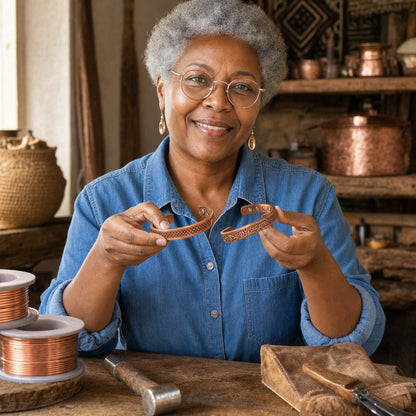 Amara holding the Forge Copper Set in her workshop