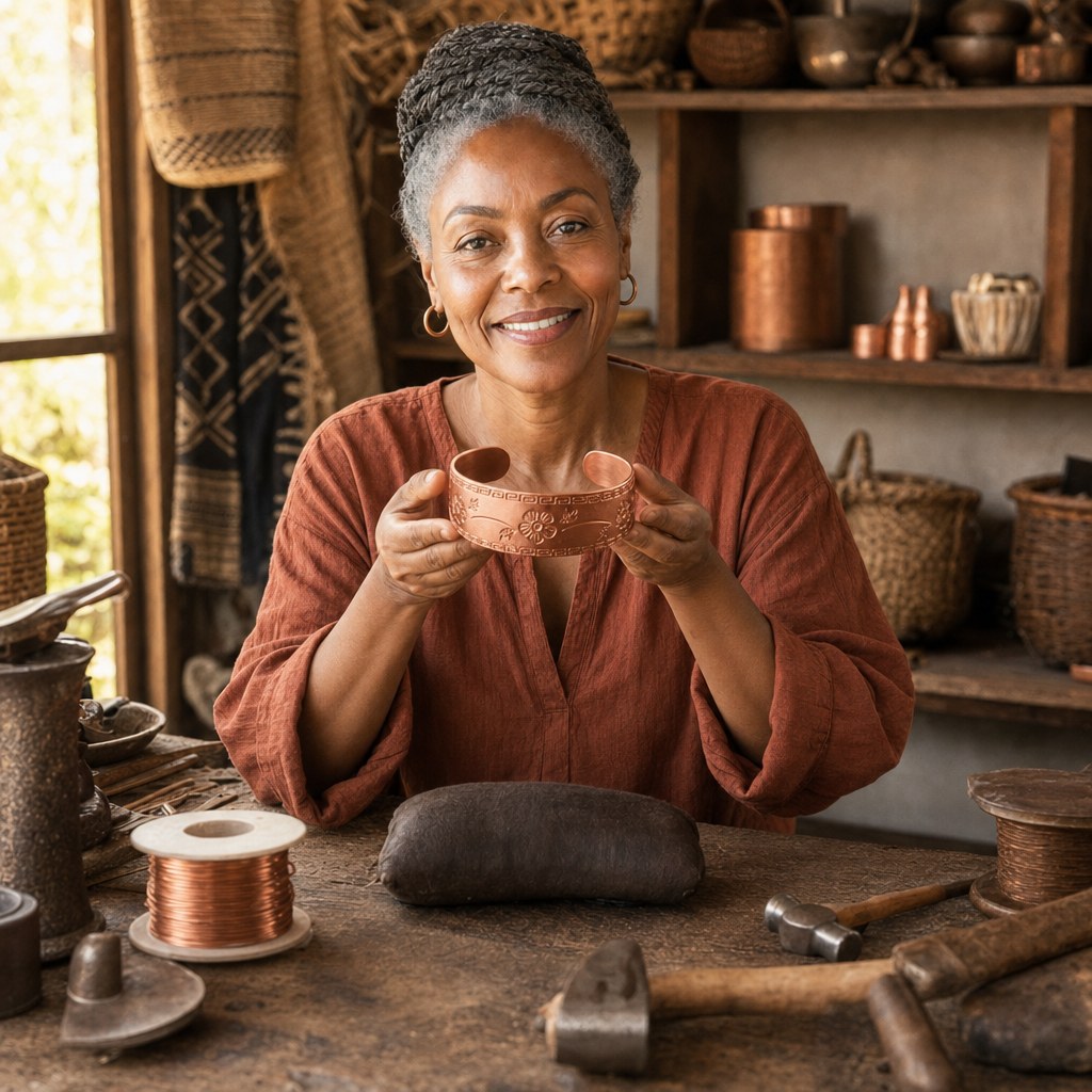 Our founder holding the Fret Copper Bracelet in her workshop