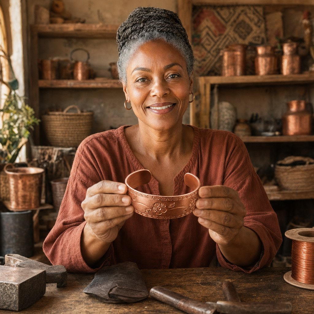 Our founder holding the Fret Copper Bracelet in her workshop