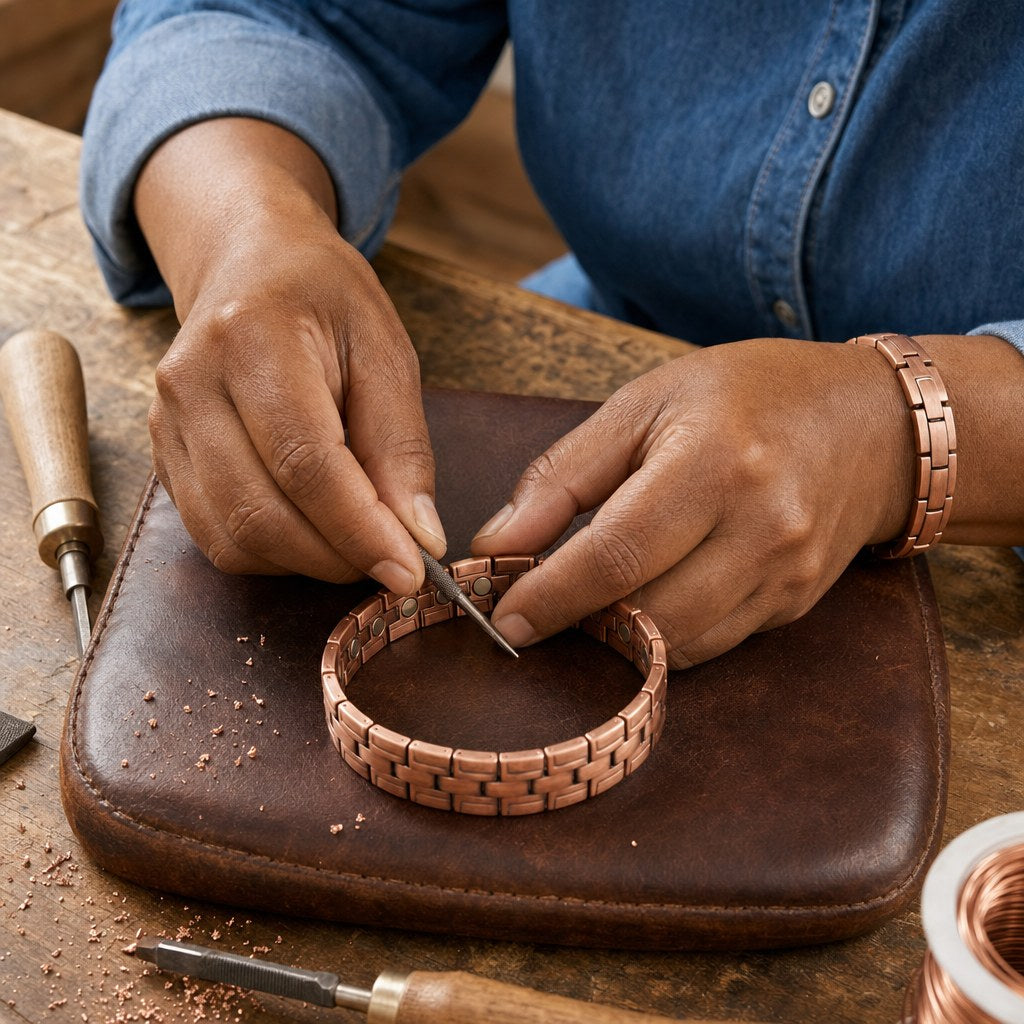 Our founder finishing the Gorse Men's Copper Bracelet by hand