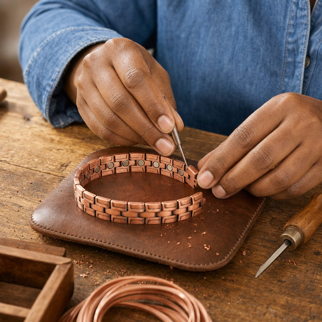 Our founder finishing the Gorse Men's Copper Bracelet by hand