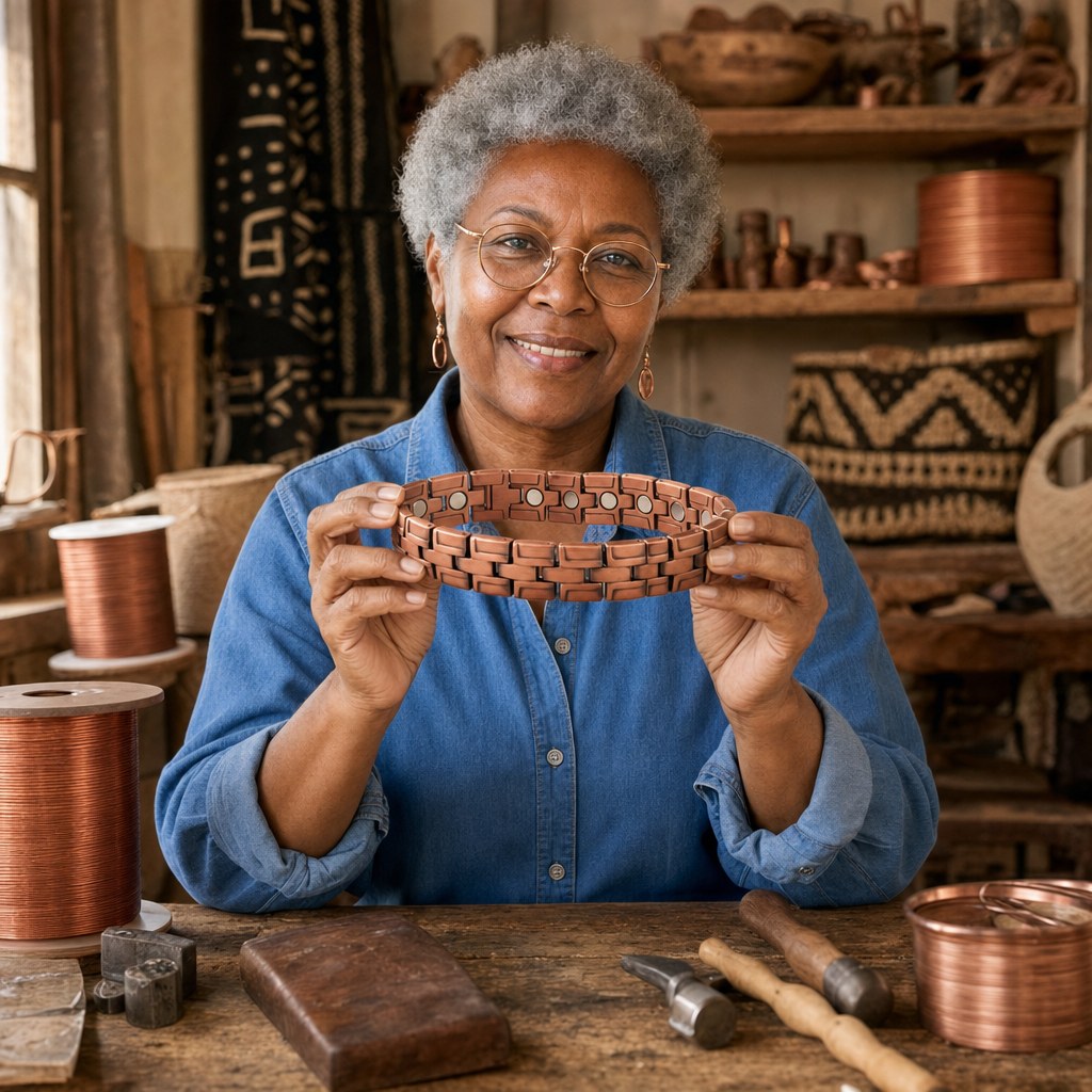 Our founder holding the Gorse Men's Copper Bracelet in her workshop
