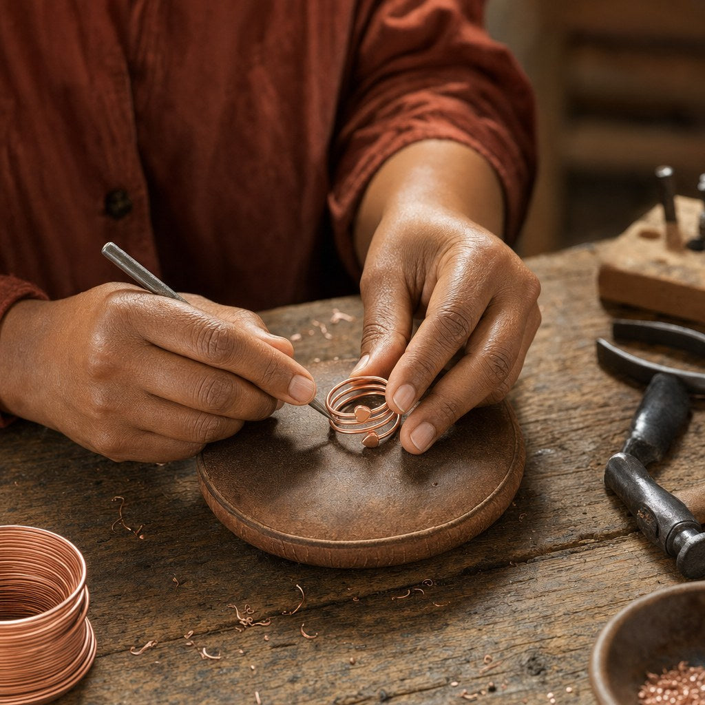 Our founder finishing the Haven Copper Ring by hand