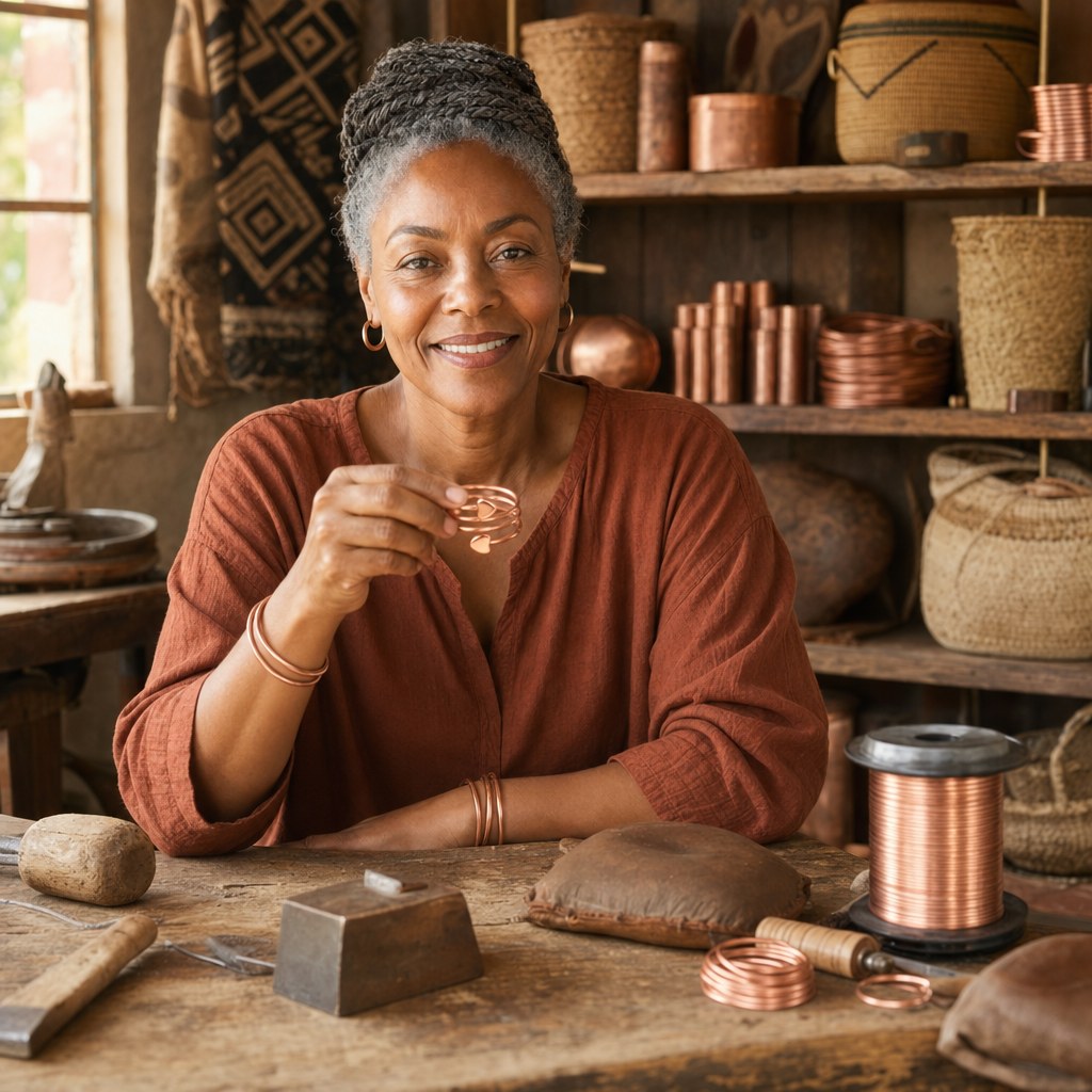 Our founder holding the Haven Copper Ring in her workshop