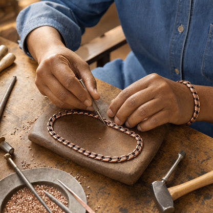 Our founder finishing the Haze Copper Necklace by hand