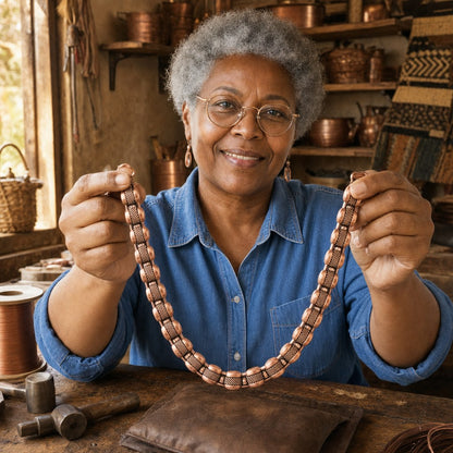 Our founder holding the Haze Copper Necklace in her workshop