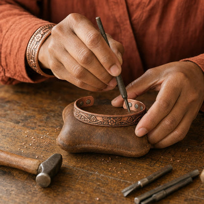 Our founder finishing the Knell Copper Bracelet by hand