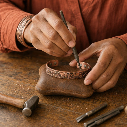 Our founder finishing the Knell Copper Bracelet by hand