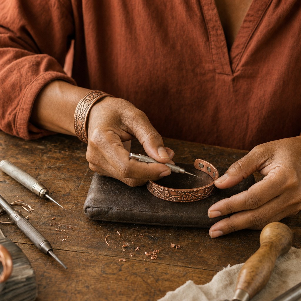 Our founder finishing the Knell Copper Bracelet by hand