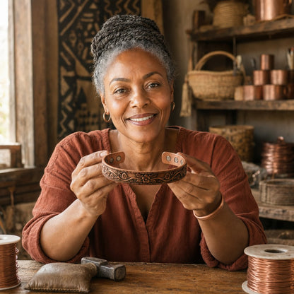 Our founder holding the Knell Copper Bracelet in her workshop