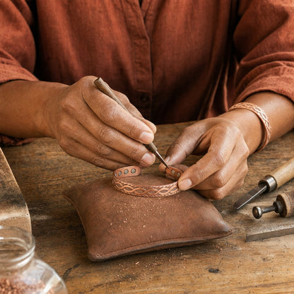 Our founder finishing the Knot Copper Set by hand